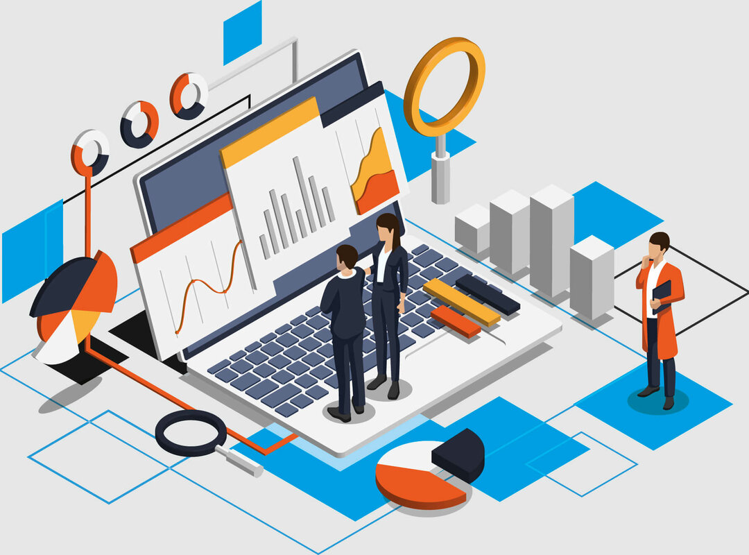 Ein Animiertes Bild mit 3 Menschen auf einem Laptop stehend.