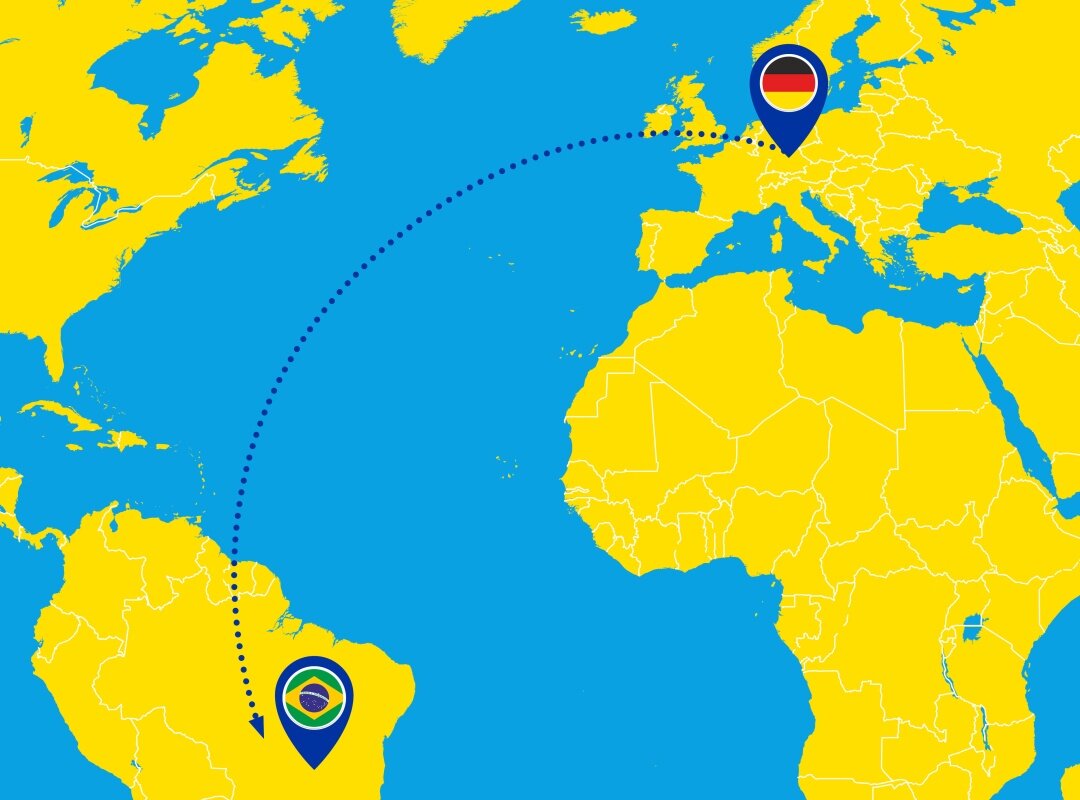 Eine Weltkarte wo Deutschland und Brasilien mit einer linie Verbunden sind.