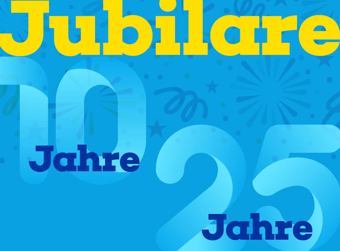 Jubilare mit den Zahlen 10 Jahre und 25 Jahre vor blauem Hintergrund mit Feuerwerksmotiven.