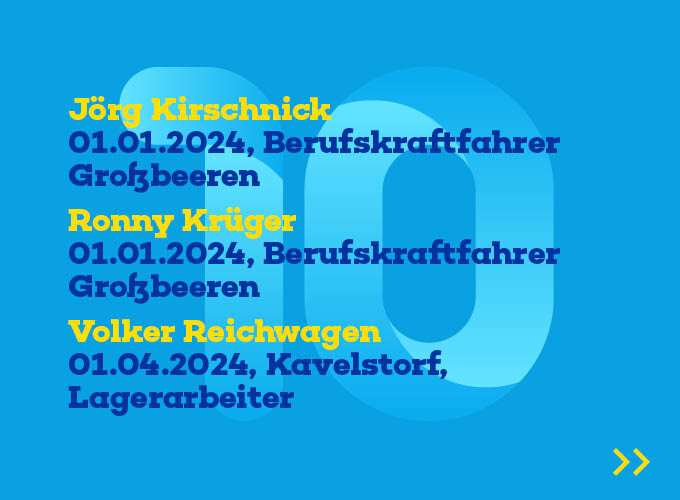 3 Mitarbeiter und wann sie Ihr 10 Jähriges im Unternehmen hatten.