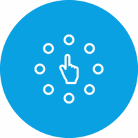 Hand zeigt auf einen Kreis aus Punkten auf blauem Hintergrund.