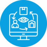 Computerbildschirm mit Symbolen für Person, Paket, Lagerhaus und Auge, verbunden durch Pfeile, auf blauem Hintergrund.