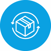 Paket mit zwei Pfeilen, die einen Kreis bilden, auf blauem Hintergrund.