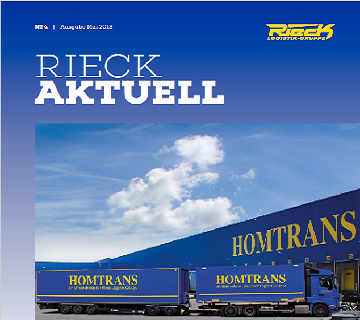 Titelblatt einer Ausgabe von Rieck Aktuell mit zwei blauen LKWs und einem Gebäude der Firma Homtrans.