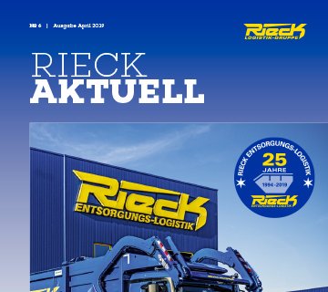Titelblatt der Rieck Aktuell Ausgabe April 2020 mit Firmenlogo und Hinweis auf 25 Jahre Rieck Entsorgungs-Logistik.