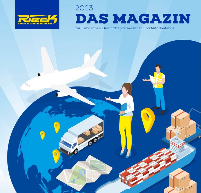 Illustration von globalem Transport mit Flugzeug, LKW, Schiff, Personen und Standortmarkern auf einer Weltkugel.