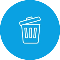 Mülleimer-Symbol mit offenem Deckel auf blauem Hintergrund.