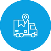 LKW mit Standort-Pin auf blauem Hintergrund.