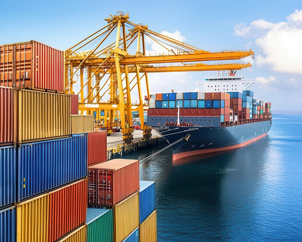 Containerschiff im Hafen neben Stapeln von bunten Frachtcontainern und großen gelben Hafenkränen für Seefracht.